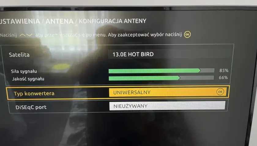 Ustawienia anteny satelitarnej: siła sygnału 85%, jakość 66%. Konwerter uniwersalny. Jak ustawić sygnał anteny Cyfrowy Polsat.