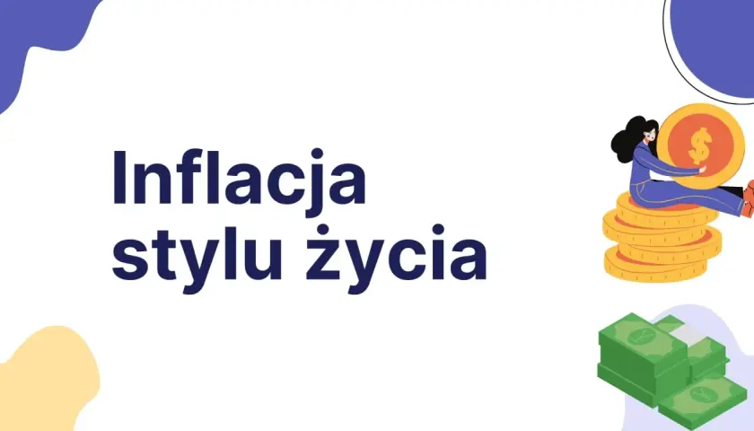 Kobieta siedzi na stosie monet, symbolizując inflację stylu życia. Obok stosy zielonych banknotów.
