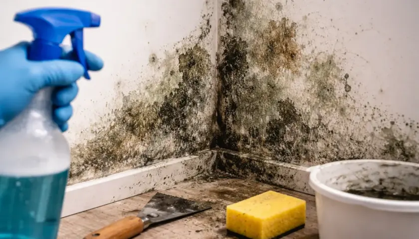 Rękawiczka w niebieskiej rękawicy trzyma butelkę z rozpylaczem, celując w narożnik ściany pokryty pleśnią. Obok leżą szpachelka, gąbka i wiadro.