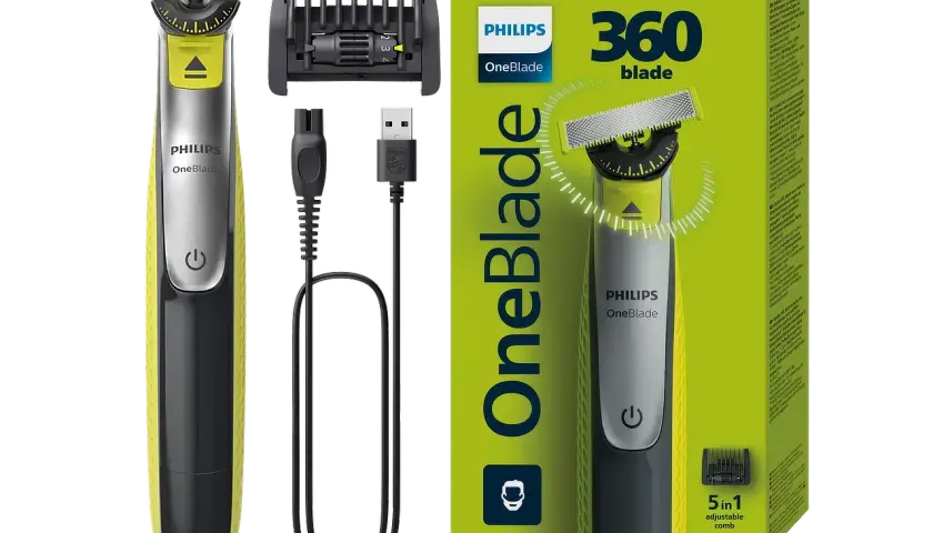 Golarka Philips OneBlade z nasadką, kablem USB i opakowaniem.