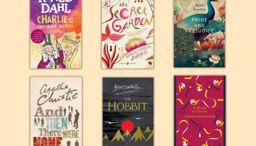 Sei libri classici per chi ama leggere in inglese: Charlie e la fabbrica di cioccolato, Il giardino segreto, Orgoglio e pregiudizio, E poi non rimase nessuno, Lo Hobbit, Uno studio in rosso.