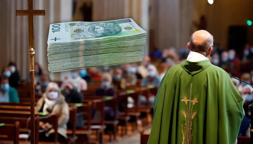 Ksiądz w zielonej szacie podczas mszy, obok krzyża stos banknotów. Ile kosztuje msza w intencji zmarłego?