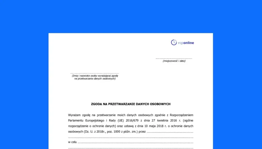 Formularz zgody na przetwarzanie danych osobowych, zawierający pole na imię i nazwisko, miejscowość i datę.