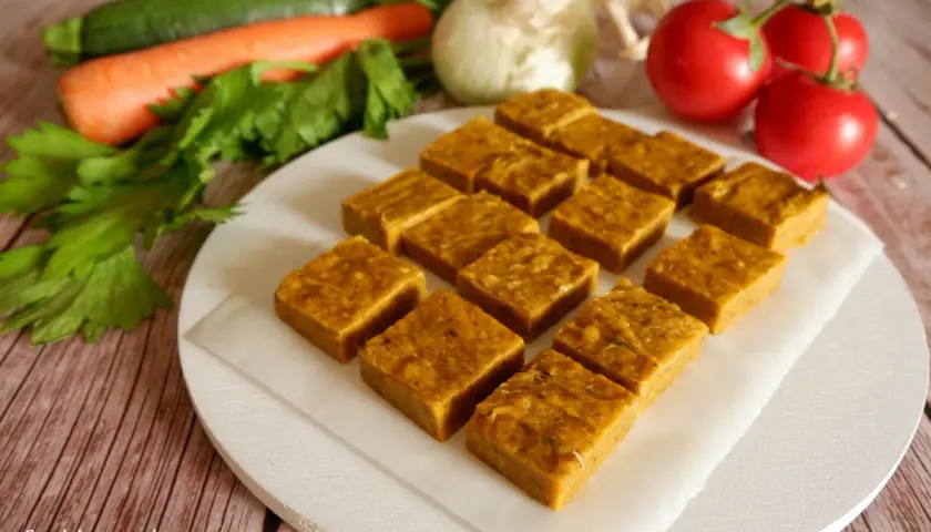 Cubetti di dado vegetale fatto in casa, pronti per insaporire ogni piatto. Verdure fresche come carote, zucchine e pomodori sullo sfondo.