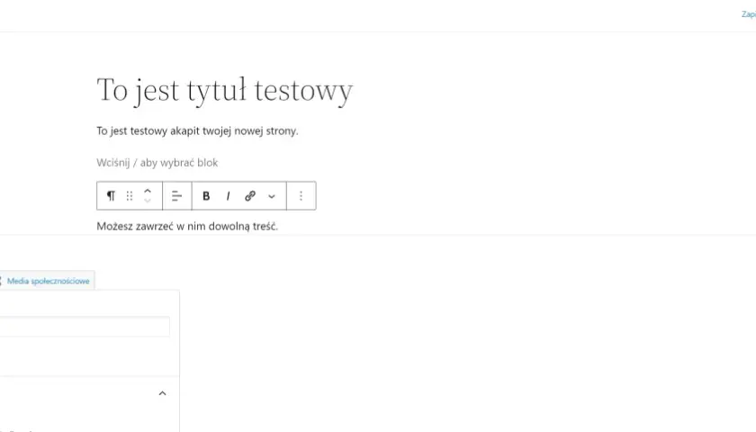 Panel edycji WordPressa, gdzie można zobaczyć jak postawić stronę na WordPressie, dodając tytuł i akapit. Yoast SEO podpowiada frazy kluczowe.