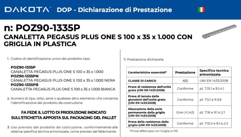 Dichiarazione di prestazione DOP per canaletta POZ90-1335P con griglia in plastica, con specifiche tecniche armonizzate.