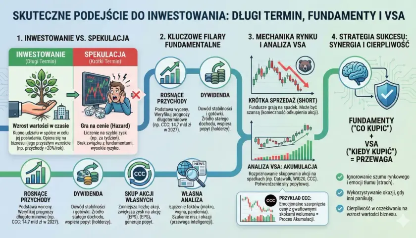 Analiza VSA: Akumulacja to rozpoznawanie skupowania akcji na spadkach, np. CCC. Potwierdzenie siły popytowej.