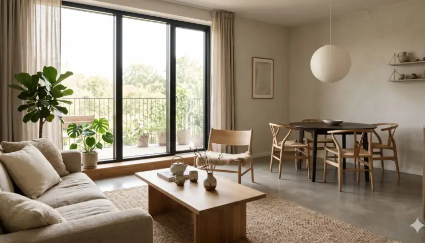Jasne, oto propozycja:

Salon w stylu japandi z dużą ilością naturalnego światła, wygodną sofą, drewnianym stolikiem kawowym i okrągłym stołem jadalnianym.