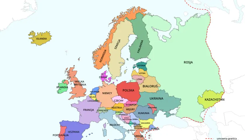 Mapa Europy z zaznaczonymi krajami. Francja, sąsiadująca z Hiszpanią i Niemcami, jest oznaczona kolorem fioletowym.