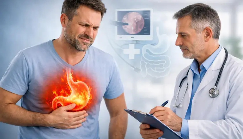 Uomo con bruciore di stomaco, medico che prende appunti. Illustrazione di stomaco in fiamme e sistema digestivo. Rimedi per l'acidità di stomaco.