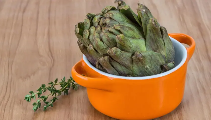Un gros artichaut vert prêt pour la cuisson Cookeo, avec une branche de thym frais à côté.