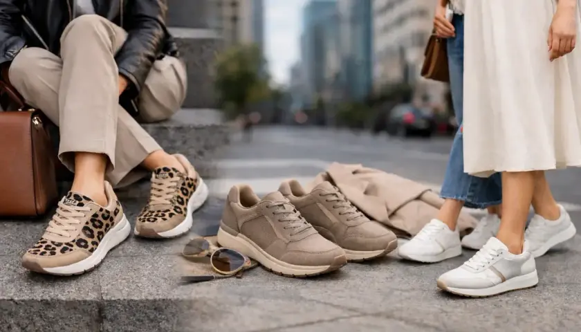 Zapatillas woman con estampado de leopardo y modelos en tonos neutros, perfectas para un paseo urbano.