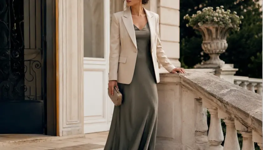 Une femme élégante porte un blazer crème sur une robe longue kaki, tenant une pochette dorée. Elle se tient sur un escalier en pierre devant une villa.
