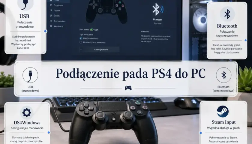 Podłączanie pada PS4 do PC przez USB lub Bluetooth. DS4Windows pozwala na pełną konfigurację i mapowanie przycisków, zapewniając wygodę gry.