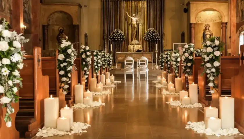 Eleganckie strojenie kościoła na ślub: białe kwiaty, płatki róż i mnóstwo świec tworzą romantyczną atmosferę.