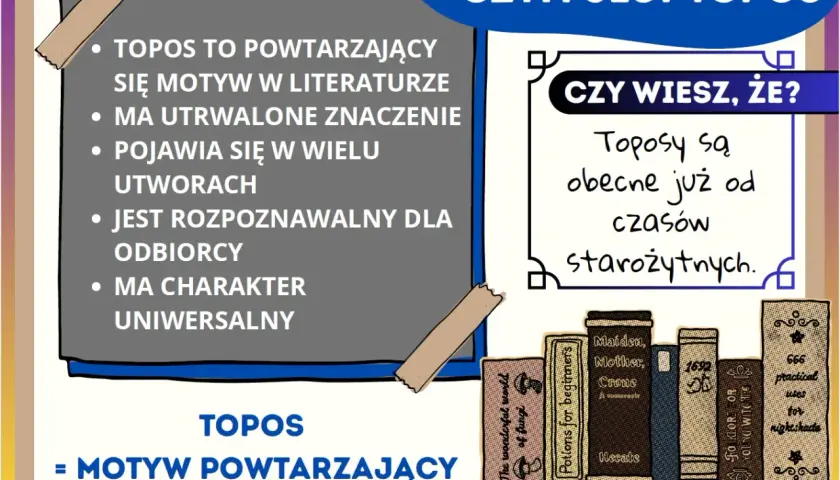 Topos to powtarzający się motyw w literaturze, obecny od starożytności. Rozpoznawalny i uniwersalny.