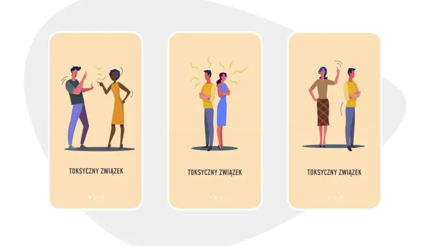 Ilustracje pokazują pary w konflikcie, symbolizujące, że toksyczny facet wraca.