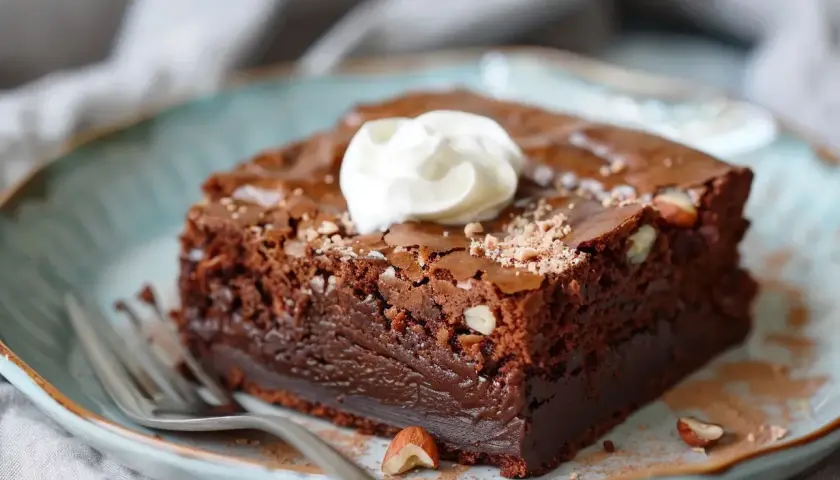 En saftig chokladbrownie med hasselnötter, toppad med grädde. Perfekt för ett enkelt brownie recept.