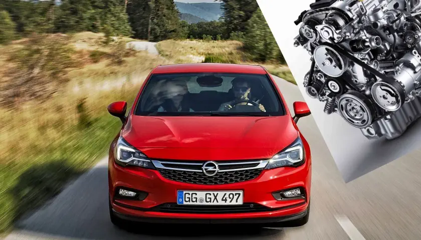 Czerwona Opel Astra Turbo pędzi po krętej drodze, a obok widok jej mocnego silnika.
