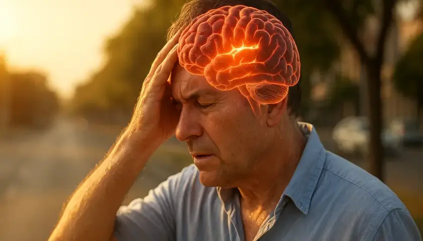 Mężczyzna z bólem głowy, świecący mózg symbolizuje odwodnienie objawy neurologiczne.