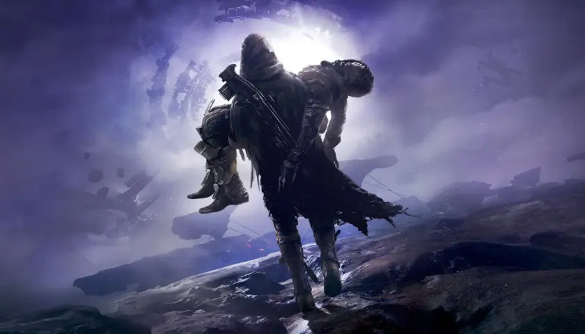 Strażnik niesie rannego towarzysza przez kosmiczną pustynię. To kluczowy moment w **Destiny 2 poradnik**.