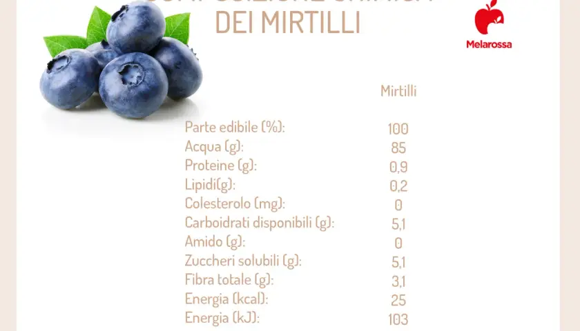 Mirtilli freschi e foglie verdi, con tabella nutrizionale che evidenzia i mirtilli benefici per la salute.