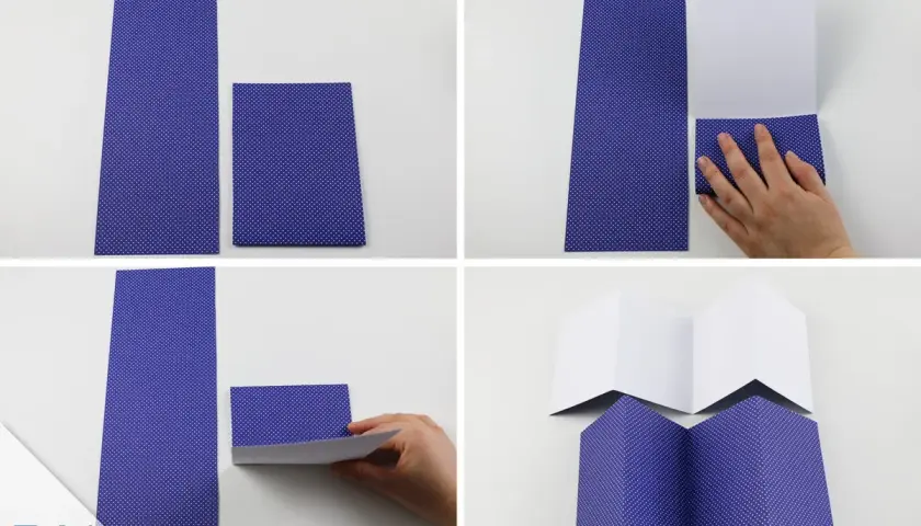 Schritt-für-Schritt-Anleitung, wie man eine Klappkarte basteln kann. Papier wird gefaltet und zusammengeklebt.