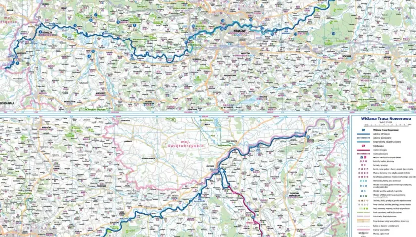 Mapa przedstawia trasę rowerową wzdłuż Wisły, z zaznaczonymi odcinkami istniejącymi i planowanymi, od Krakowa po Tarnów.