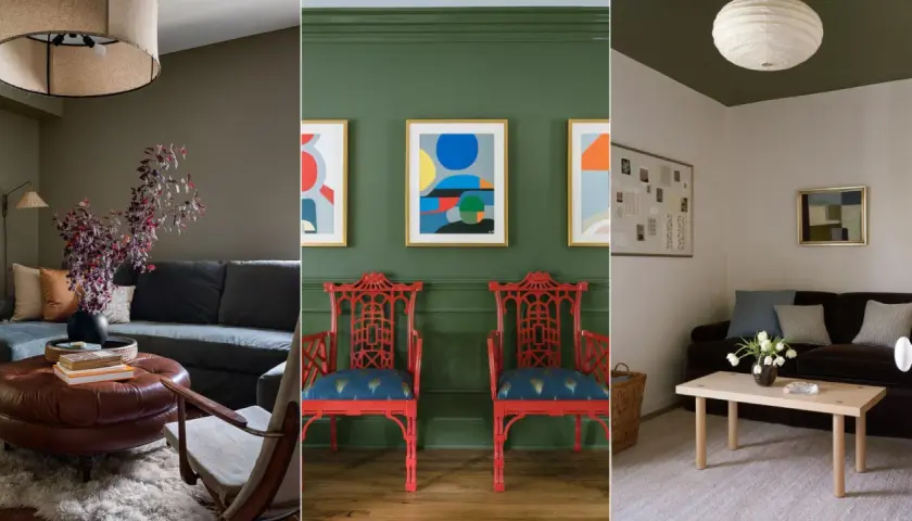Interiores modernos con paredes verde oliva, combinaciones de colores vibrantes y muebles acogedores.