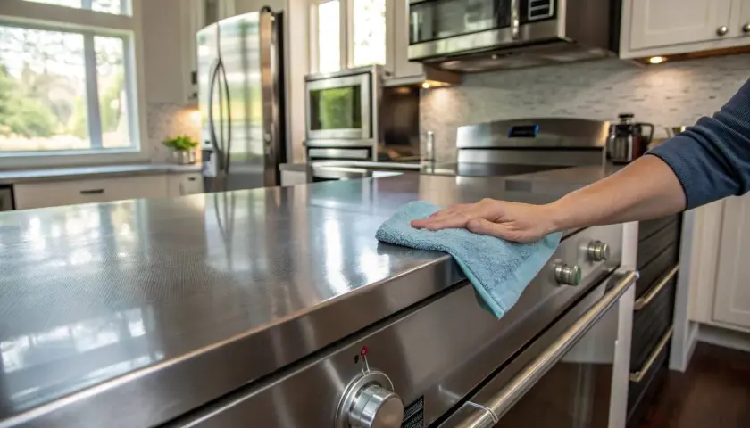 Mano limpiando una encimera de acero inoxidable con un paño azul. El proceso de limpiar metal en esta cocina moderna es clave para su brillo.