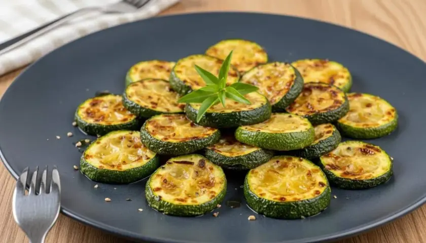 Assiette de courgettes au four, grillées à la perfection, garnie d'une touche de verdure. Un délice simple et sain.