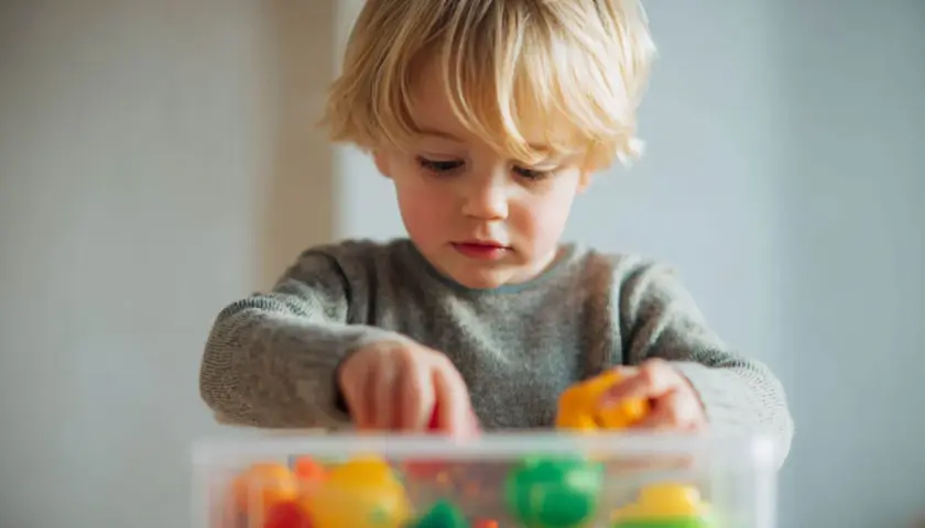 Niño rubio concentrado jugando con bloques de colores en una caja transparente, preparándose a guardar.