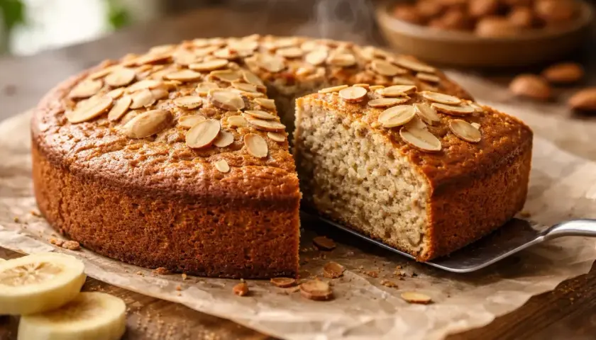 Un délicieux gâteau sans sucre, garni d'amandes effilées, avec une part servie sur une pelle.