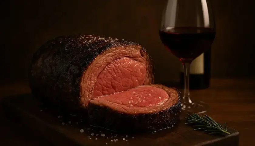 Un rôti de viande rouge juteux, parfaitement assaisonné, accompagné d'un verre de vin rouge. Un délice pour les sens.