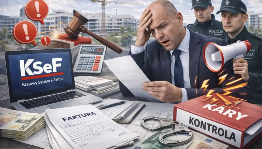 Zestresowany mężczyzna z dokumentami, obok laptop KSeF, kalkulator VAT, kajdanki i książka "KONTROLA KARY". Wygląda na to, że czeka go kontrola, a faktura nie VAT może być problemem.