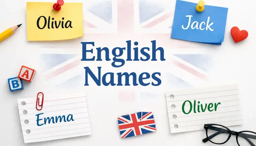 Napis "English Names" na tle flagi Wielkiej Brytanii, otoczony karteczkami z imionami: Olivia, Jack, Emma, Oliver.