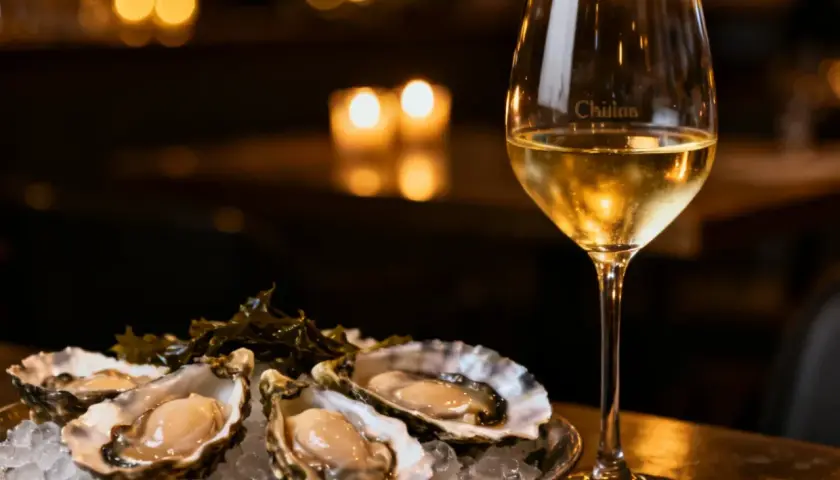 Un verre de vin blanc frais et des huîtres sur glace. Le parfait accord pour des fruits de mer.