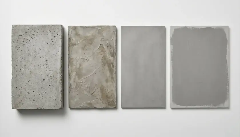 Cztery płyty pokazują etapy tworzenia: surowy beton, tynk, gładki beton architektoniczny i beton pomalowany.