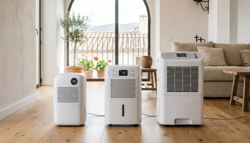 Tres deshumidificadores blancos en un suelo de madera. Uno de ellos muestra "48% Humidity", indicando que un deshumidificador enfria el ambiente.