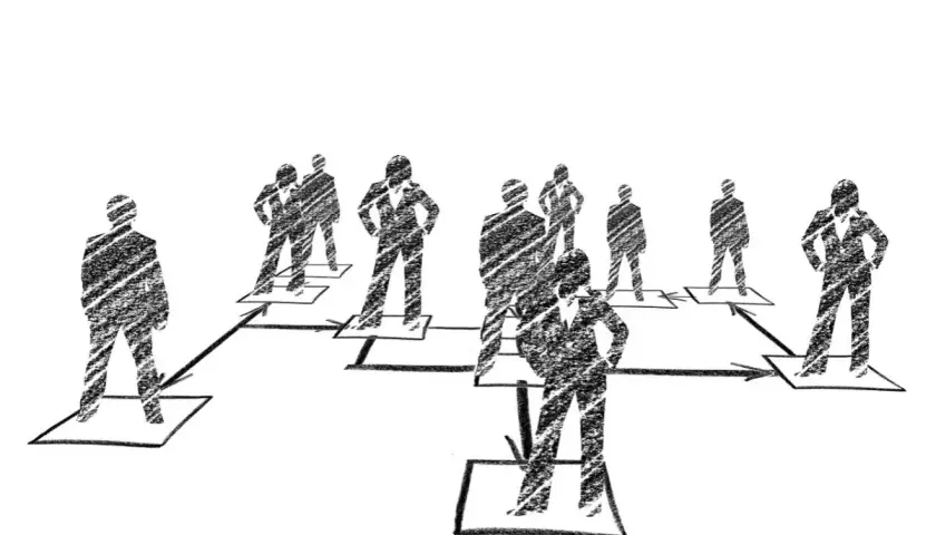 A flowchart illustrates leadership positions, showing figures in suits connected by arrows, representing hierarchy and reporting lines.