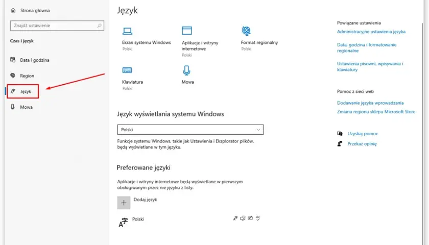 Ustawienia systemu Windows 10: sekcja Język. Możliwa zmiana języka wyświetlania systemu, preferowanych języków i ustawień klawiatury.