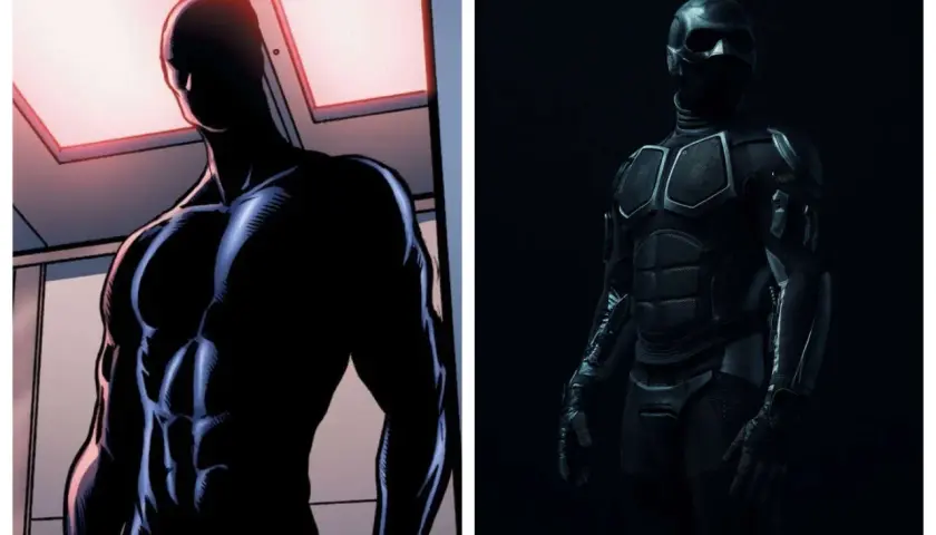 Le **black noir sans masque** de la BD à gauche, et le même héros en costume réaliste à droite.