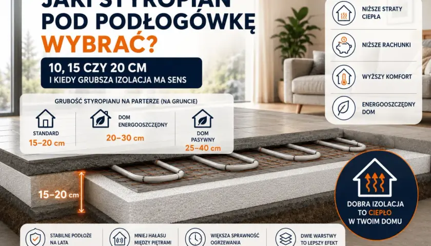 Grubość styropianu pod podłogówkę: od 15 cm dla standardu, 20-30 cm dla energooszczędnych domów, 25-40 cm dla domów pasywnych. Dobra izolacja to ciepło.