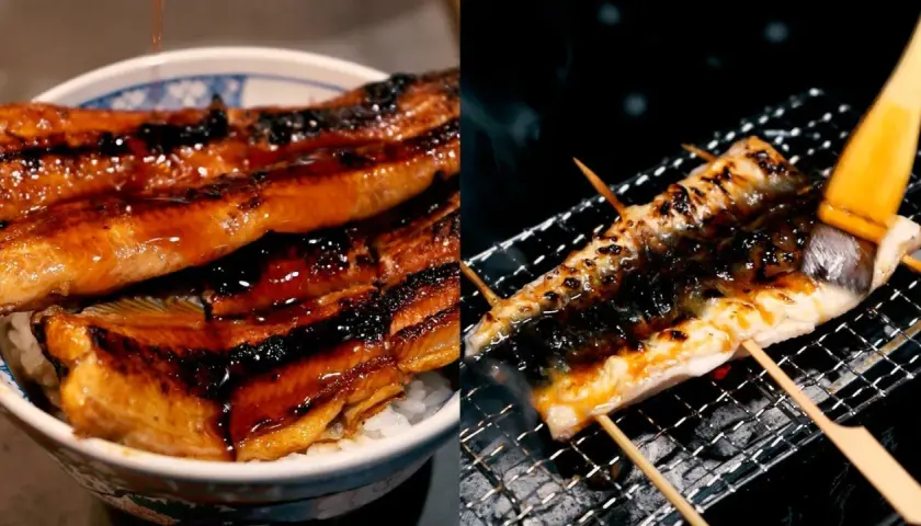 A bowl of rice topped with glistening grilled eel, and another piece of grilled eel being brushed with sauce over a grill.