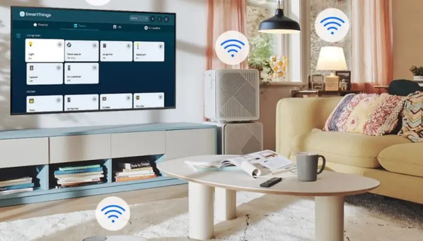 Salon z robotem sprzątającym i inteligentnymi urządzeniami sterowanymi przez smart hub.