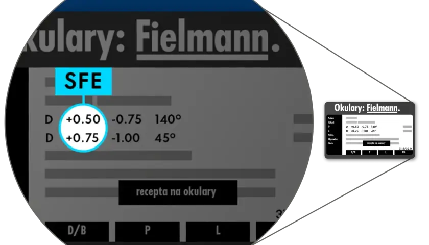 Fragment recepty na okulary Fielmann z wartościami sferycznymi, cylindrycznymi i osiowymi. Widoczna skala Ashworth.