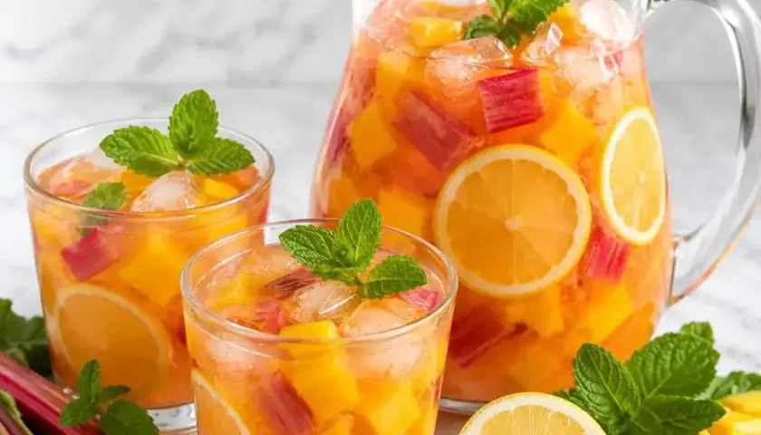 Orzeźwiająca lemoniada z rabarbaru, mango i cytryny, podana z lodem i miętą. Idealna na upalne dni.