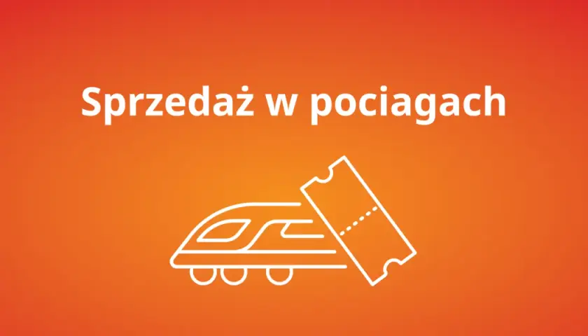 Sprzedaż w pociągach. Czy kupię bilet u konduktora? Grafika przedstawia pociąg i bilet.