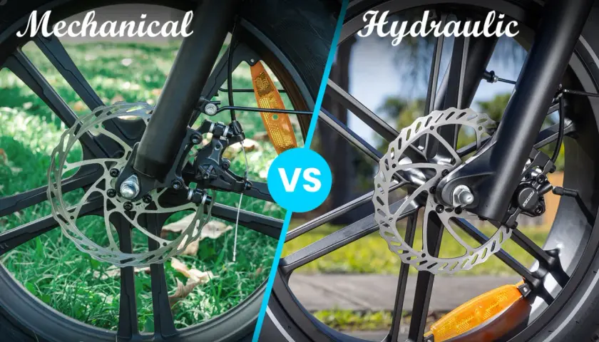 Comparing mechanical vs hydraulic disc brakes on bicycles. The left shows a mechanical brake with a cable, while the right displays a hydraulic brake system.