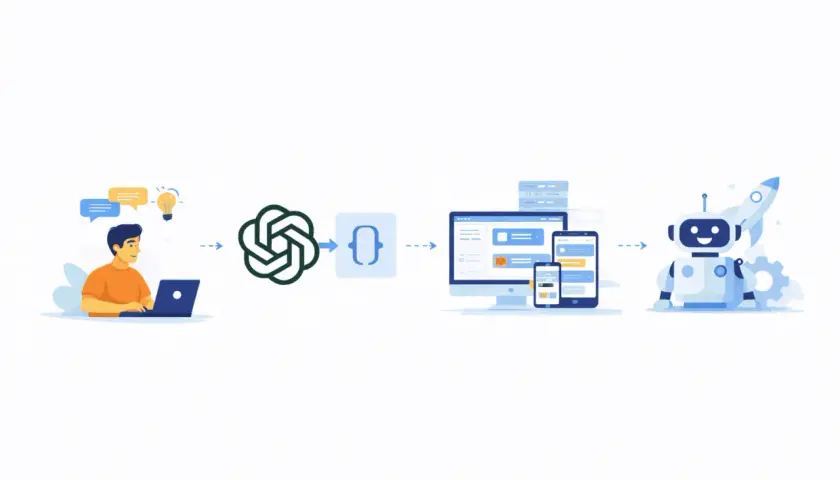 Programista korzysta z ChatGPT API, by stworzyć inteligentnego bota, który komunikuje się z użytkownikami na różnych urządzeniach.